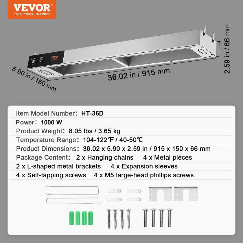 VEVOR French Fry Food Warmer, 850W Commercial Strip Food Heating Lamp, Electric Stainless Steel Warming Light Dump Station, Overhead 104-122°F Fries Warmer for Chip Buffet Kitchen Restaurant, Silver