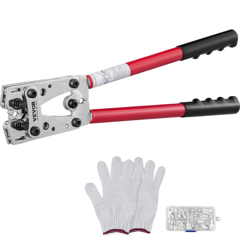 VEVOR Battery Cable Lug Crimping Tool, 10-1/0AWG Aluminum Terminal Battery Lug Crimper, with 60PCS Aluminum Ring Connectors Terminals 6 Wire Sizes Crimping Die, for Heavy Duty Wire Lugs