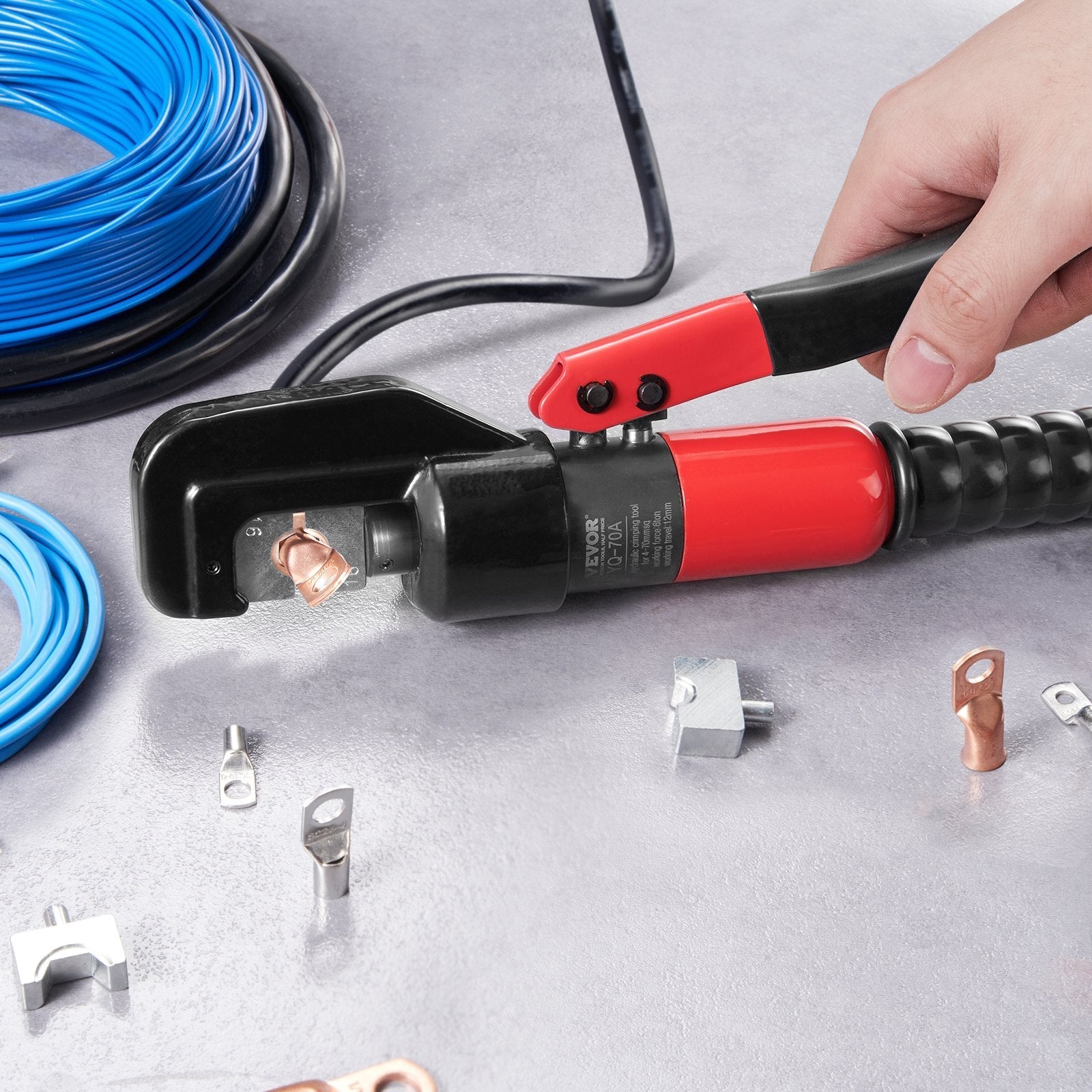 VEVOR Crimping Tool, AWG12-2/0 Copper And Aluminum Terminal Battery Lug Hydraulic Crimper, with a Cutting Pliers, Gloves, 10pcs Copper Ring Connectors, 8 x Heat Shrink Sleeves and a Blow Moulded Case