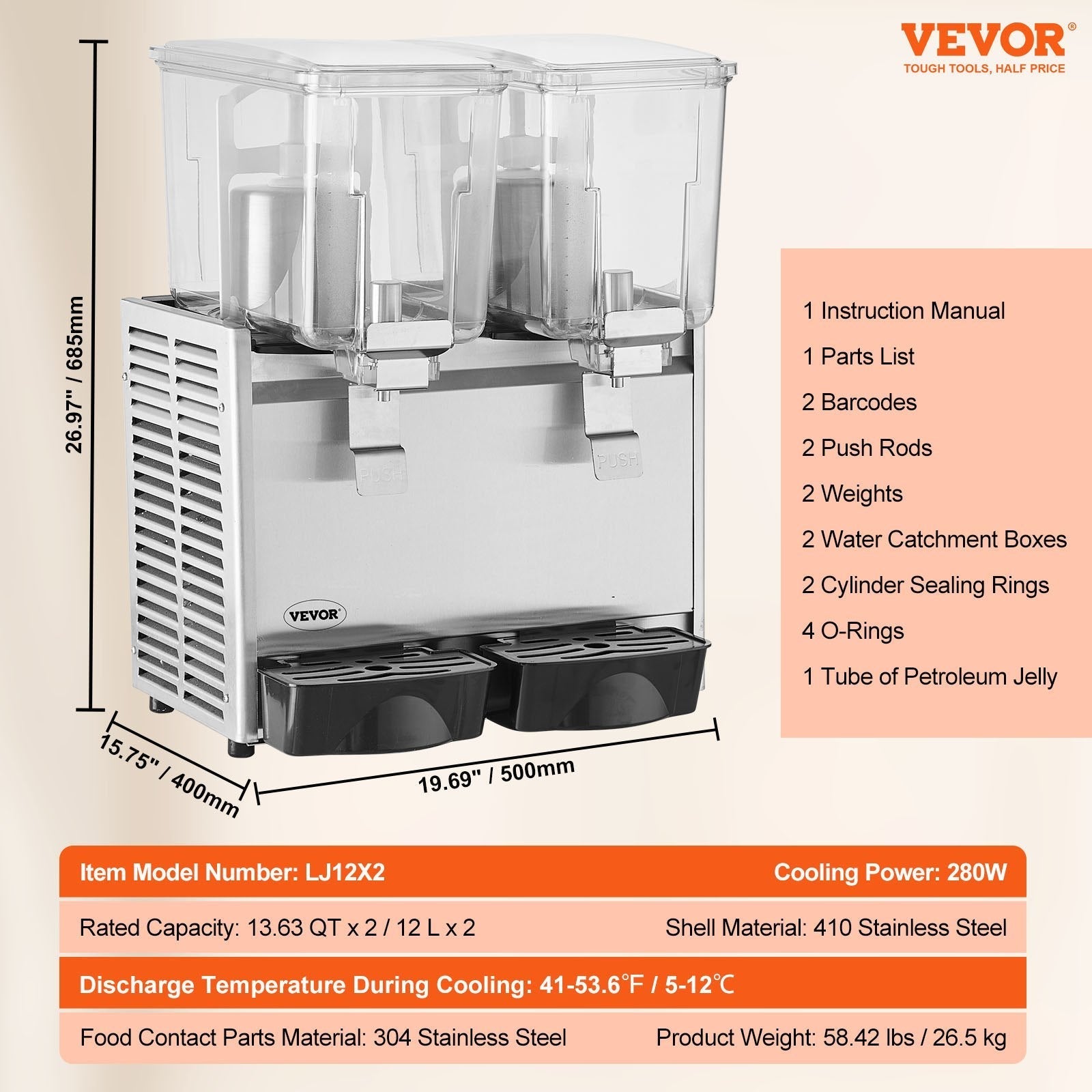 VEVOR Commercial Beverage Dispenser, 13.6 Qt 12L 2 Tanks Ice Tea Drink Machine, 280W 304 Stainless Steel Juice Dispenser with 41?-53.6? Thermostat Controller, for Cold Drink Restaurant Hotel Party