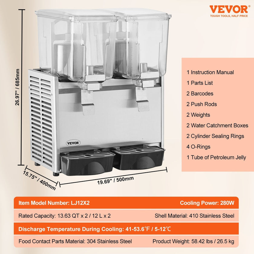 VEVOR Commercial Beverage Dispenser, 13.6 Qt 12L 2 Tanks Ice Tea Drink Machine, 280W 304 Stainless Steel Juice Dispenser with 41?-53.6? Thermostat Controller, for Cold Drink Restaurant Hotel Party