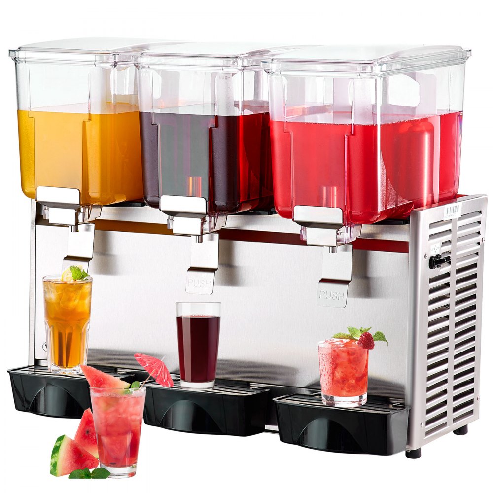 VEVOR Commercial Beverage Dispenser, 13.6 Qt 12L 3 Tanks Ice Tea Drink Machine, 620W 304 Stainless Steel Juice Dispenser with 41?-53.6? Thermostat Controller, for Cold Drink Restaurant Hotel Party