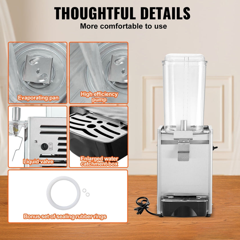 VEVOR Commercial Beverage Dispenser, 20.4 Qt 18L Single Tank Ice Tea Drink Machine, 325W 304 Stainless Steel Juice Dispenser with 41?-53.6? Thermostat Controller, for Cold Drink Restaurant Hotel Party
