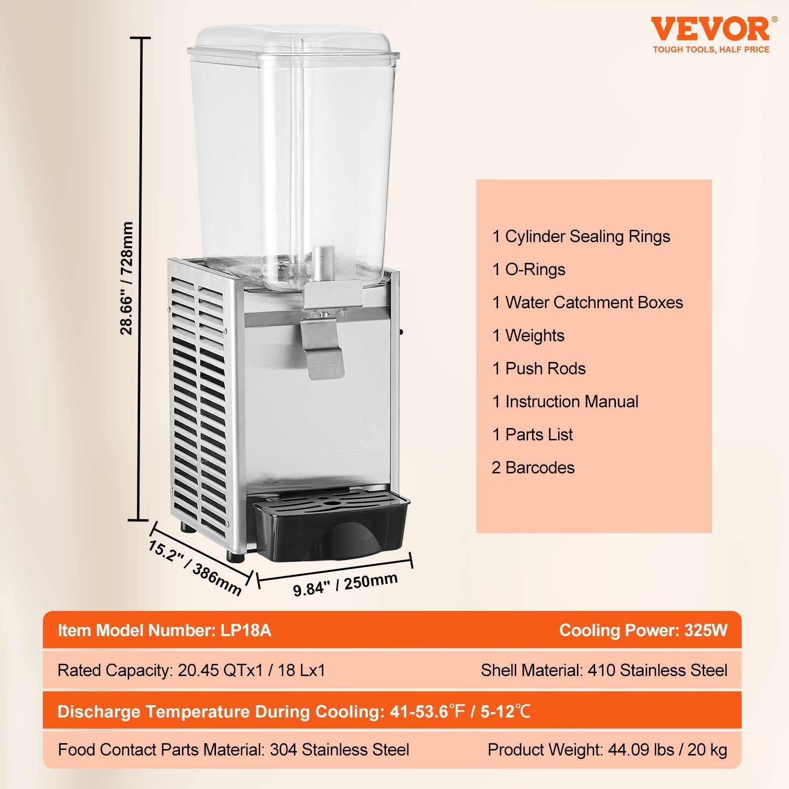 VEVOR Commercial Beverage Dispenser, 20.4 Qt 18L Single Tank Ice Tea Drink Machine, 325W 304 Stainless Steel Juice Dispenser with 41?-53.6? Thermostat Controller, for Cold Drink Restaurant Hotel Party
