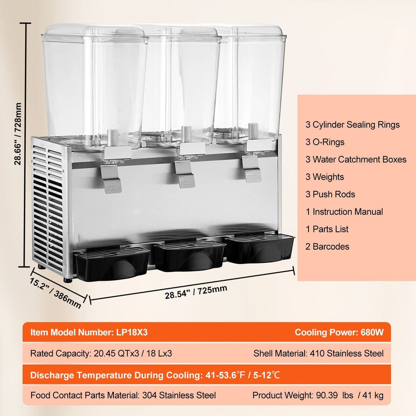 VEVOR Commercial Beverage Dispenser, 20.4 Qt 18L 3 Tanks Ice Tea Drink Machine, 680W 304 Stainless Steel Juice Dispenser with 41?-53.6? Thermostat Controller, for Cold Drink Restaurant Hotel Party