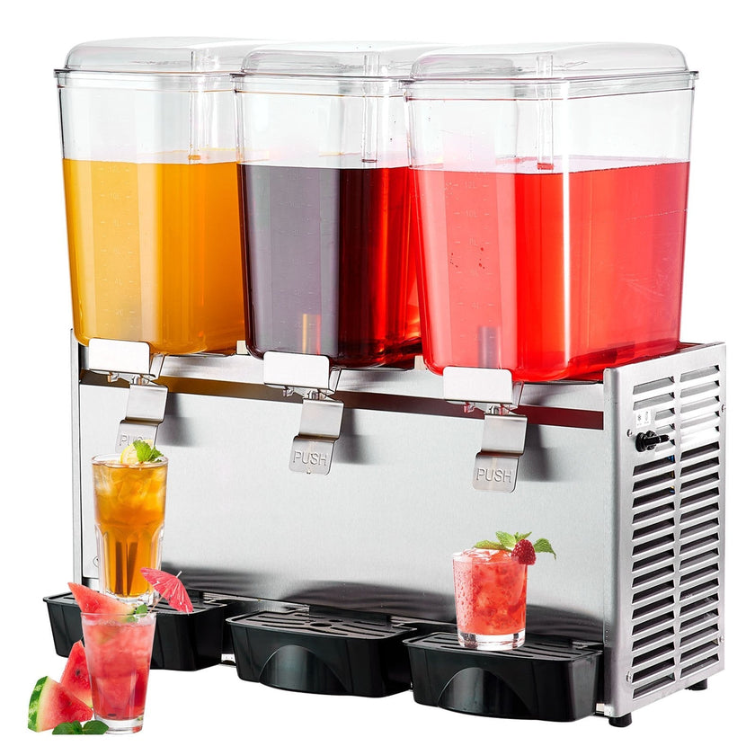 VEVOR Commercial Beverage Dispenser, 20.4 Qt 18L 3 Tanks Ice Tea Drink Machine, 680W 304 Stainless Steel Juice Dispenser with 41?-53.6? Thermostat Controller, for Cold Drink Restaurant Hotel Party