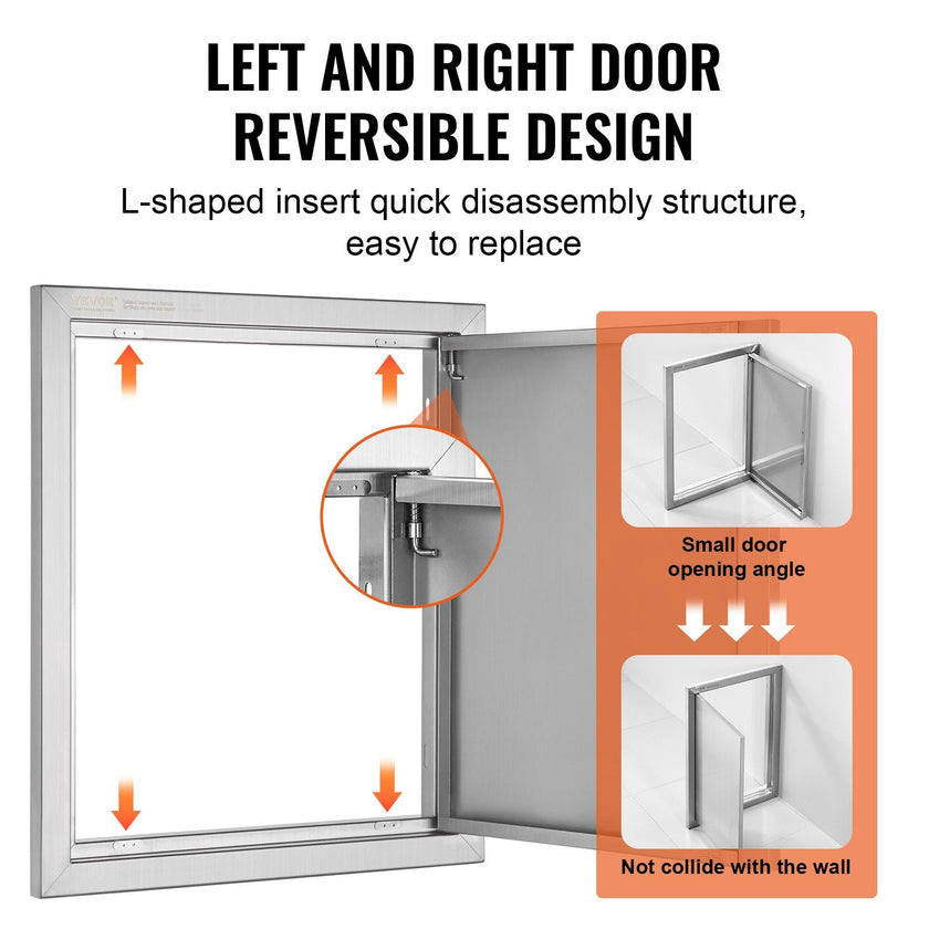 VEVOR BBQ Access Door, 18W x 21H Inch Single Outdoor Kitchen Door, Stainless Steel Flush Mount Door, Wall Vertical Door with Recessed Handle, for BBQ Island, Grilling Station, Outside Cabinet