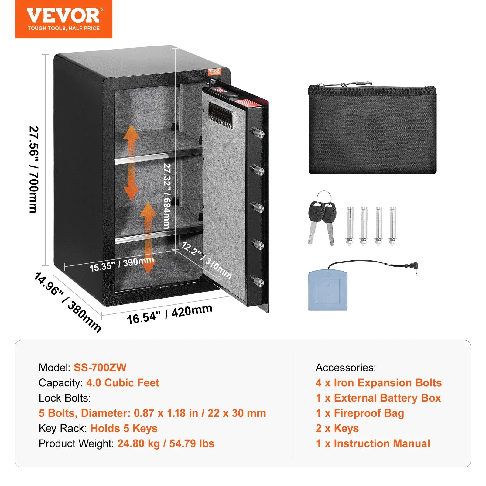 VEVOR Single Door 3.5 cu.ft Safe Box with Key Lock Password & Fingerprint Black