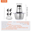 VEVOR Food Processor, Electric Meat Grinder with 4-Wing Stainless Steel Blades, 400W Electric Food Chopper, 8 Cup Stainless Steel Bowl, 2 Speeds Food Grinder for Baby Food, Meat, Onion, Vegetables