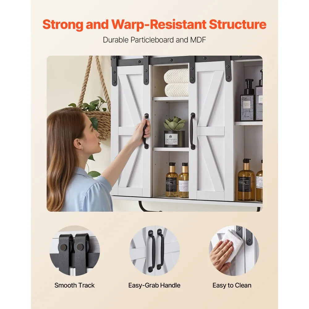 VEVOR Bathroom Wall Cabinet with Adjustable Shelf, Wall Mounted Storage Cabinet with Doors, Open Shelf, Towel Bar & Hooks, White