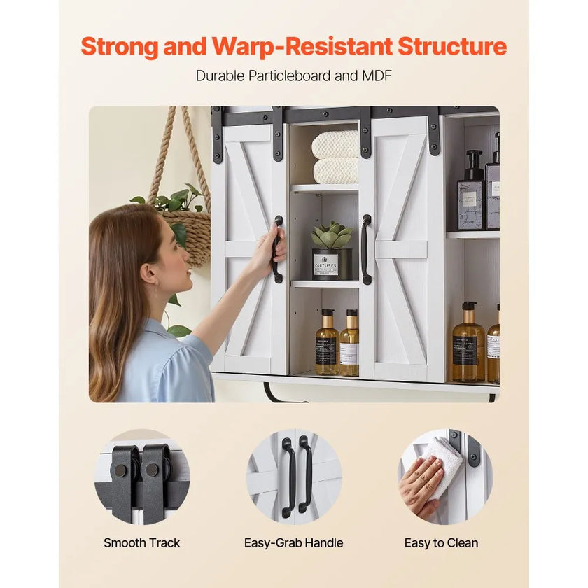 VEVOR Bathroom Wall Cabinet with Adjustable Shelf, Wall Mounted Storage Cabinet with Doors, Open Shelf, Towel Bar & Hooks, White