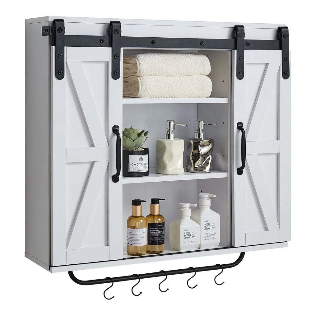VEVOR Bathroom Wall Cabinet with Adjustable Shelf, Wall Mounted Storage Cabinet with Doors, Open Shelf, Towel Bar & Hooks, White