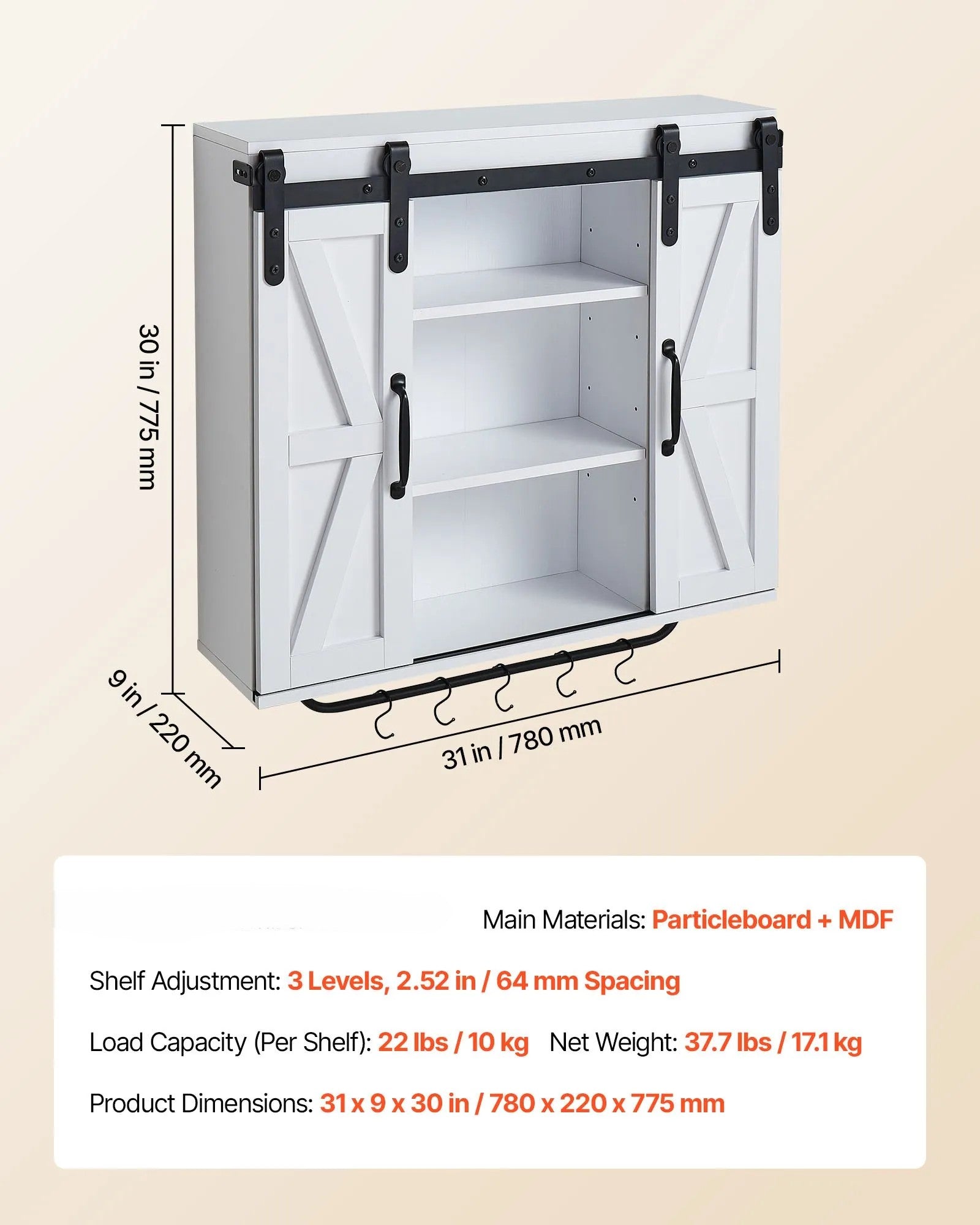 VEVOR Bathroom Wall Cabinet with Adjustable Shelf, Wall Mounted Storage Cabinet with Doors, Open Shelf, Towel Bar & Hooks, White