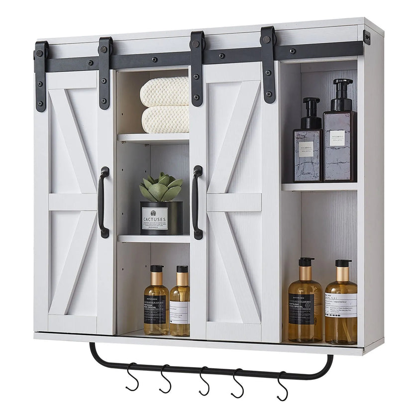 VEVOR Bathroom Wall Cabinet with Adjustable Shelf, Wall Mounted Storage Cabinet with Doors, Open Shelf, Towel Bar & Hooks, White