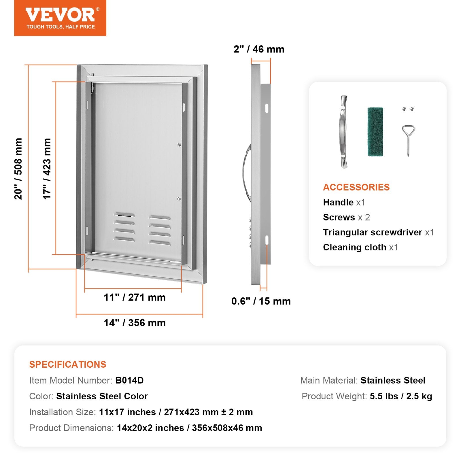VEVOR BBQ Access Door, 14W x 20H Inch Single Outdoor Kitchen Door, Stainless Steel Flush Mount Door, Wall Vertical Door with Handle and vents, for BBQ Island, Grilling Station, Outside Cabinet