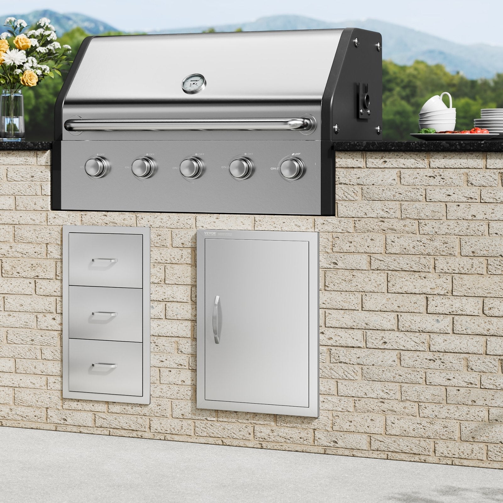 VEVOR BBQ Access Door, 18W x 24H Inch Single Outdoor Kitchen Door, Stainless Steel Flush Mount Door, Wall Vertical Door with Handle, for BBQ Island, Grilling Station, Outside Cabinet