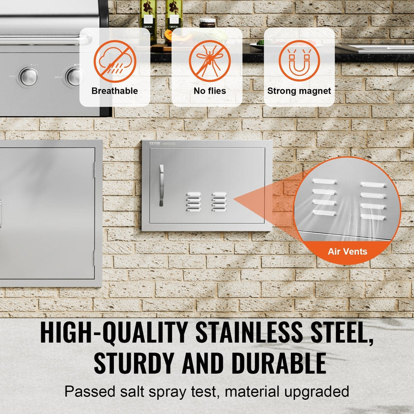 VEVOR BBQ Access Door, 20W x 14H Inch Single Outdoor Kitchen Door, Stainless Steel Flush Mount Door, Wall Vertical Door with Handle and vents, for BBQ Island, Grilling Station, Outside Cabinet