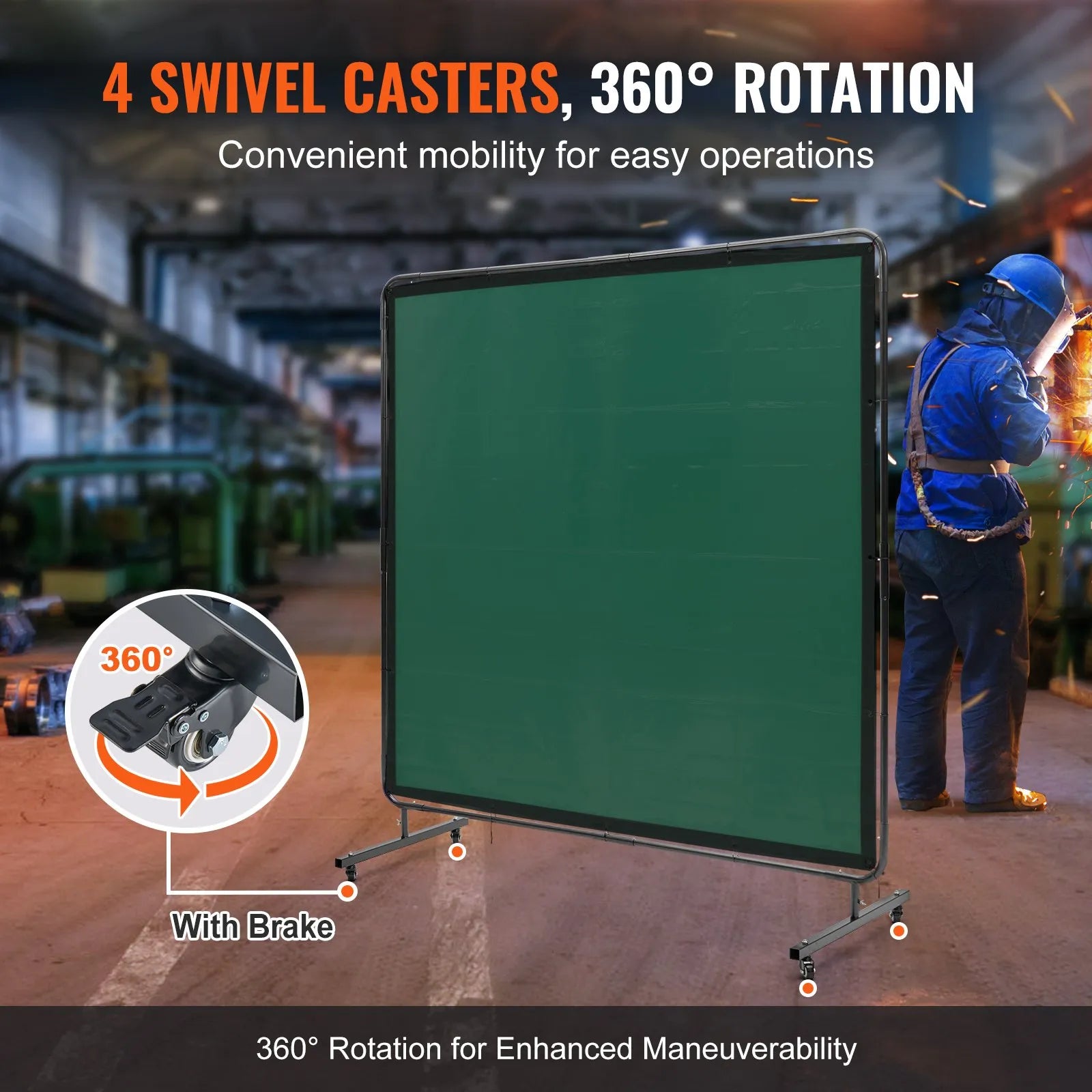 VEVOR Welding Screen with Frame, 6' x 6' Welding Curtain Screen, Flame-Resistant Vinyl Welding Protection Screen on 4 Swivel Wheels (2 Lockable), Moveable & Professional for Workshop/Industrial, Green
