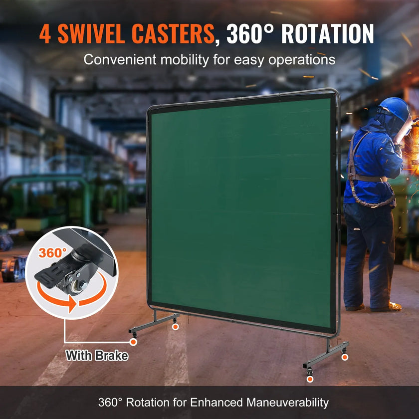 VEVOR Welding Screen with Frame, 6' x 6' Welding Curtain Screen, Flame-Resistant Vinyl Welding Protection Screen on 4 Swivel Wheels (2 Lockable), Moveable & Professional for Workshop/Industrial, Green