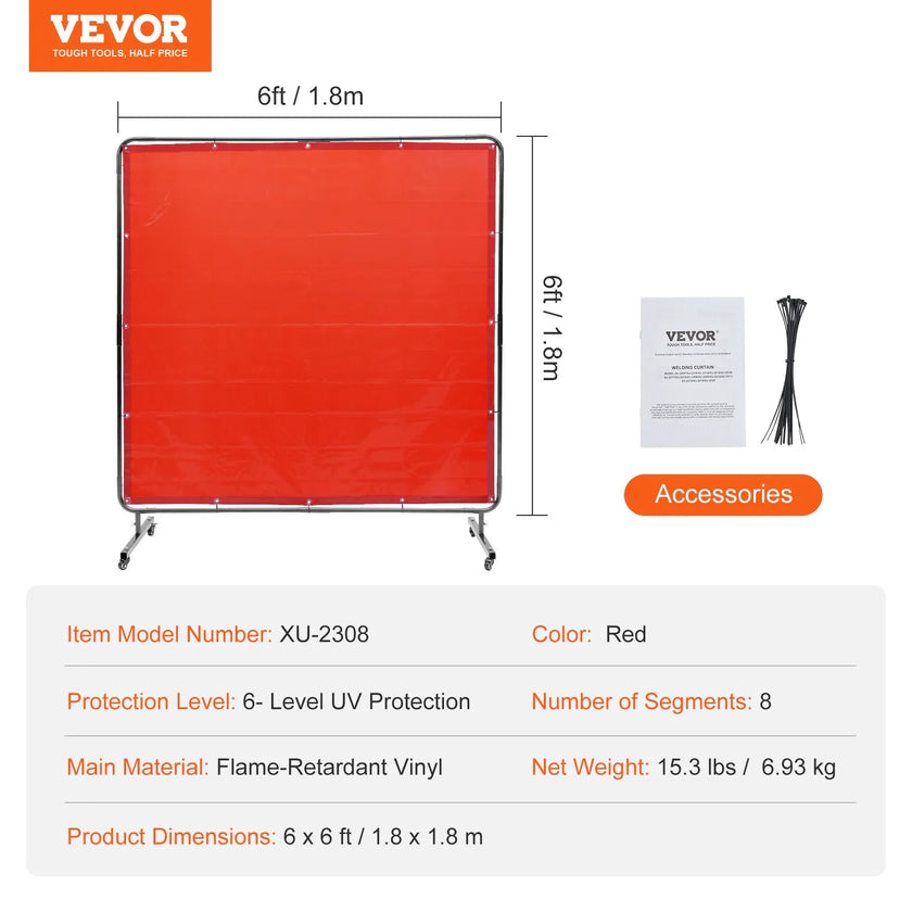 VEVOR Welding Screen with Frame, 6' x 6' Welding Curtain Screen, Flame-Resistant Vinyl Welding Protection Screen on 4 Swivel Wheels (2 Lockable), Moveable & Professional for Workshop/Industrial, Red