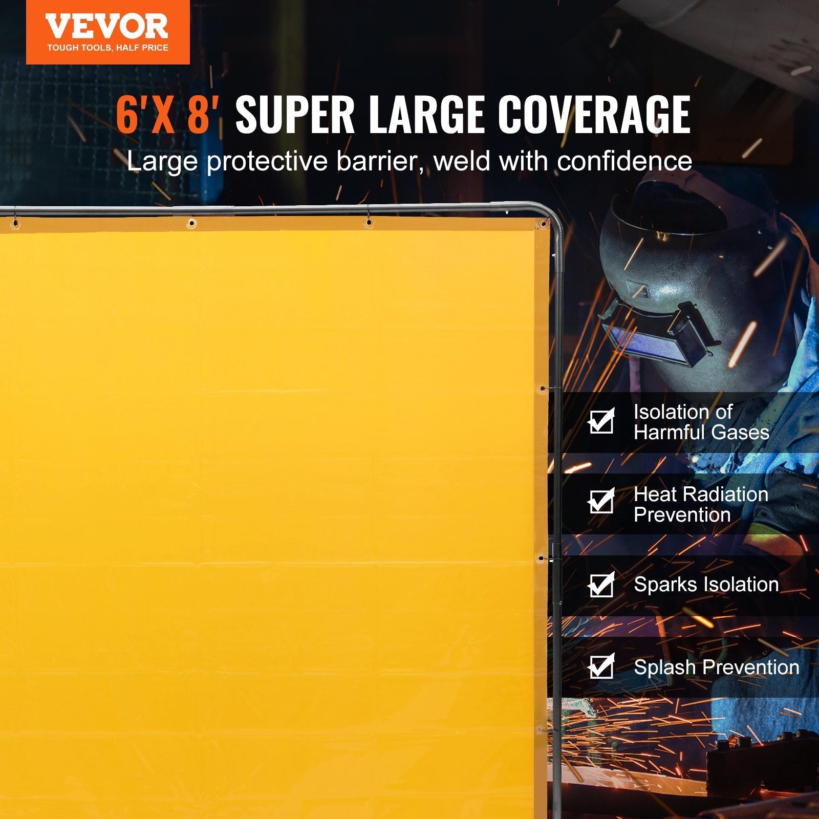 VEVOR Welding Screen with Frame, 6' x 8' Welding Curtain Screen, Flame-Resistant Vinyl Welding Protection Screen on 4 Swivel Wheel (2 Lockable), Moveable & Professional for Workshop/Industrial, Yellow