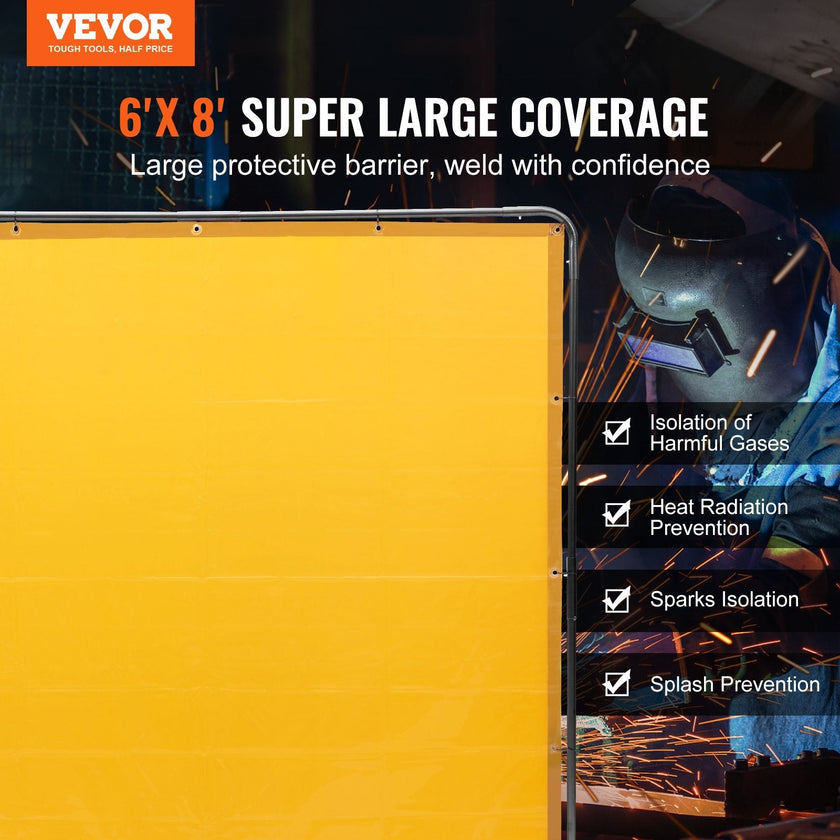 VEVOR Welding Screen with Frame, 6' x 8' Welding Curtain Screen, Flame-Resistant Vinyl Welding Protection Screen on 4 Swivel Wheel (2 Lockable), Moveable & Professional for Workshop/Industrial, Yellow