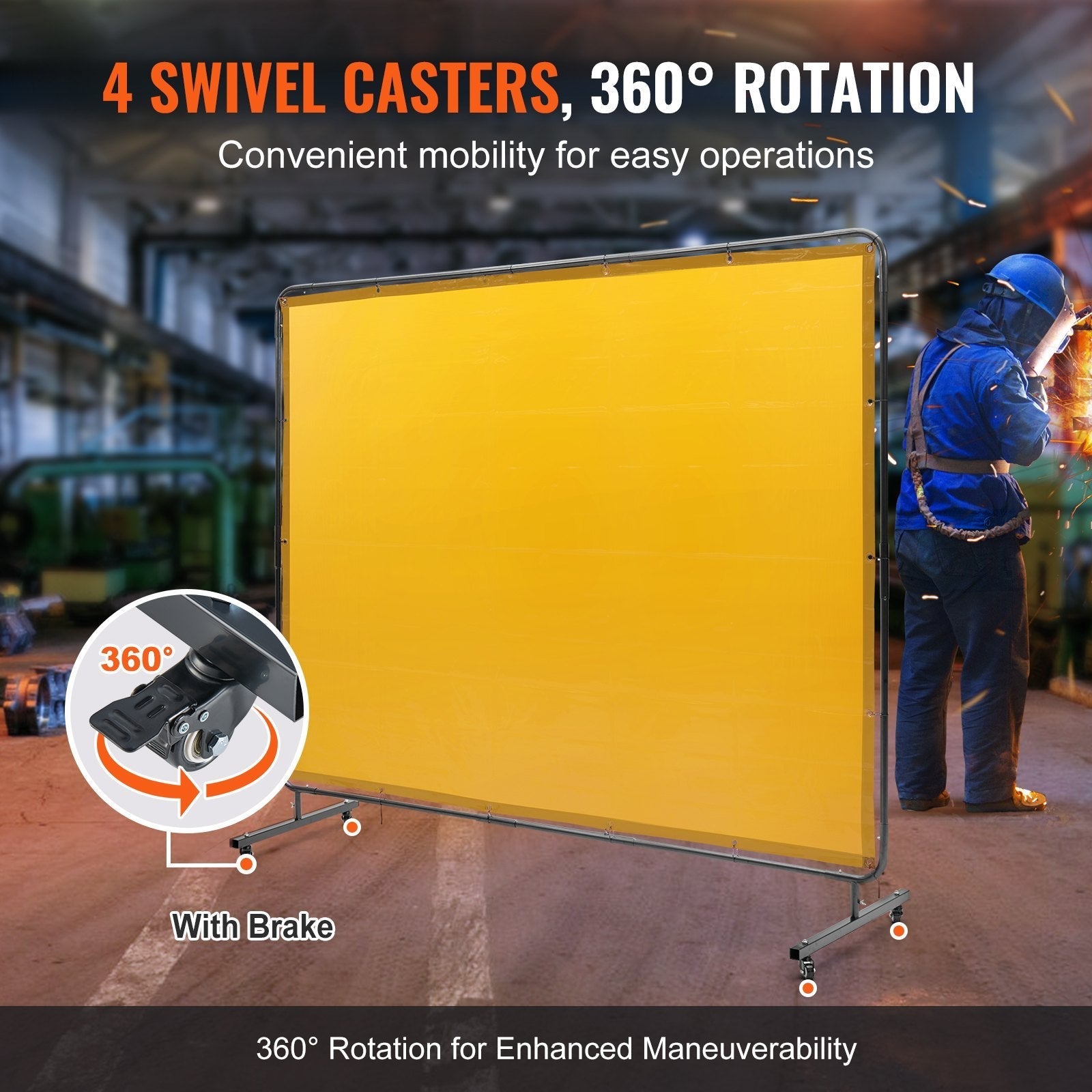 VEVOR Welding Screen with Frame, 6' x 8' Welding Curtain Screen, Flame-Resistant Vinyl Welding Protection Screen on 4 Swivel Wheel (2 Lockable), Moveable & Professional for Workshop/Industrial, Yellow