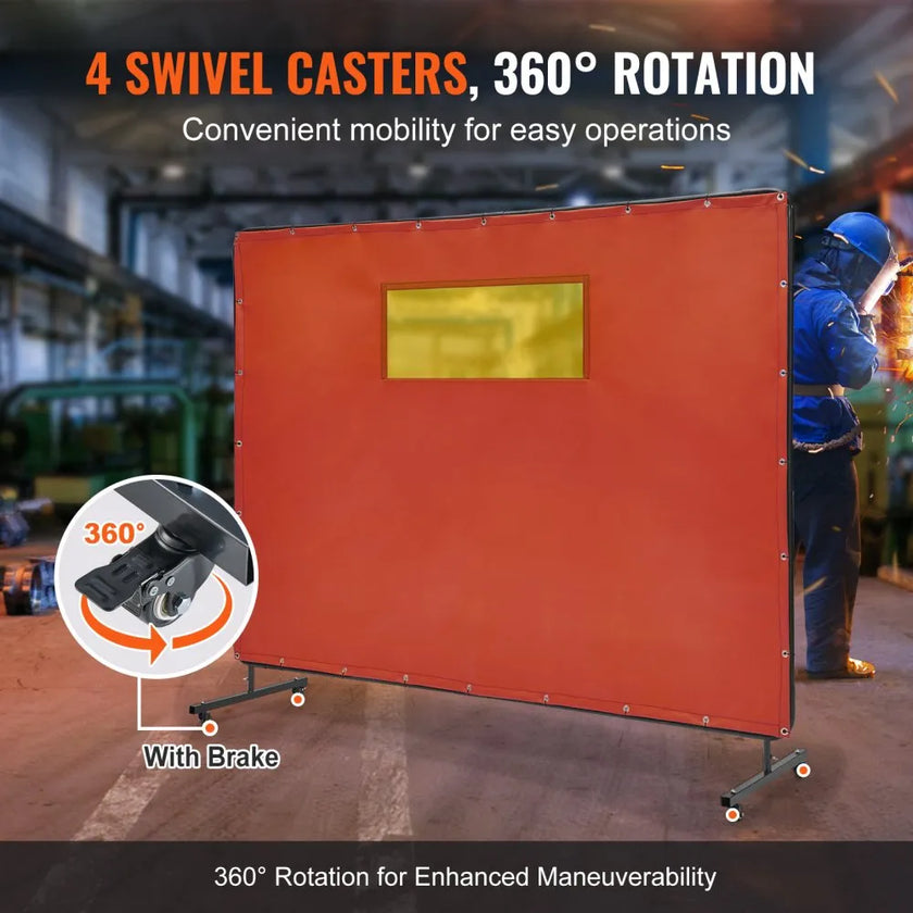 VEVOR Welding Screen with Frame, 6' x 8' Welding Curtain Screens, Flame-Resistant Vinyl Welding Protection Screen with 4 Swivel Wheels (2 Lockable) & Transparent Window for Workshop/Industrial, Red