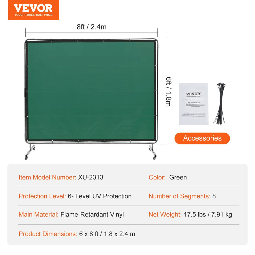 VEVOR Welding Screen with Frame, 6' x 8' Welding Curtain Screen, Flame-Resistant Vinyl Welding Protection Screen on 4 Swivel Wheels (2 Lockable), Moveable & Professional for Workshop/Industrial, Green