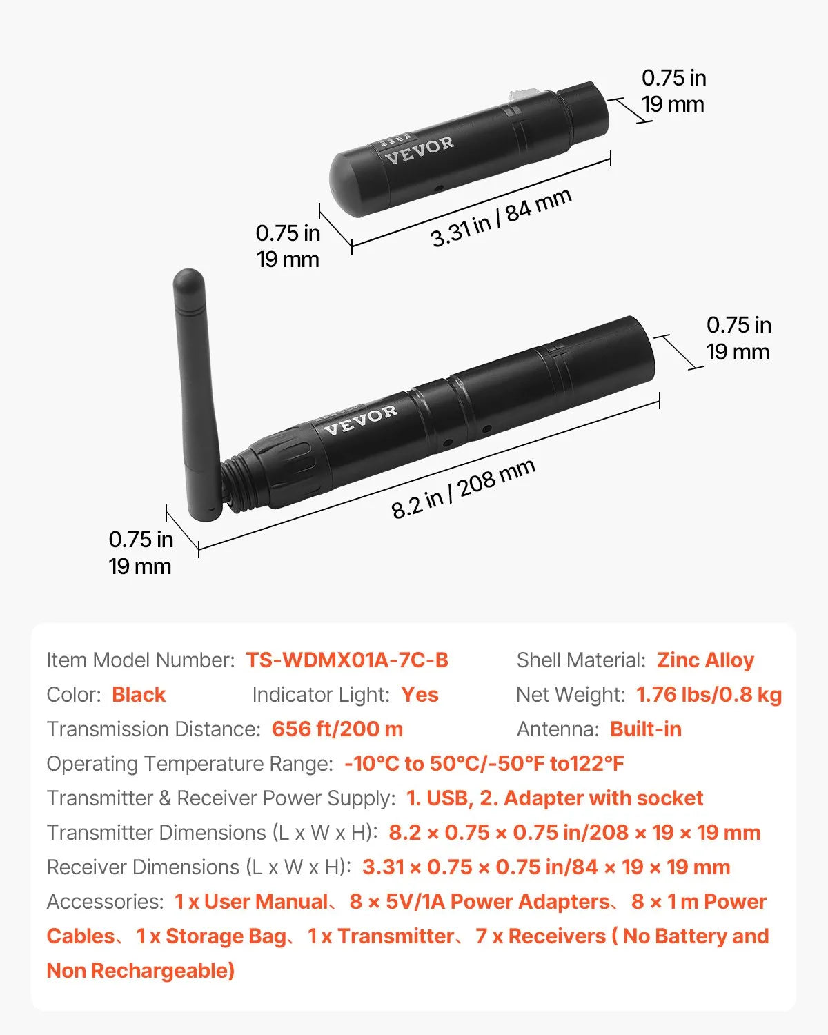 VEVOR DMX Wireless Receiver Transmitter Controller for Stage Light 8 PCs Black