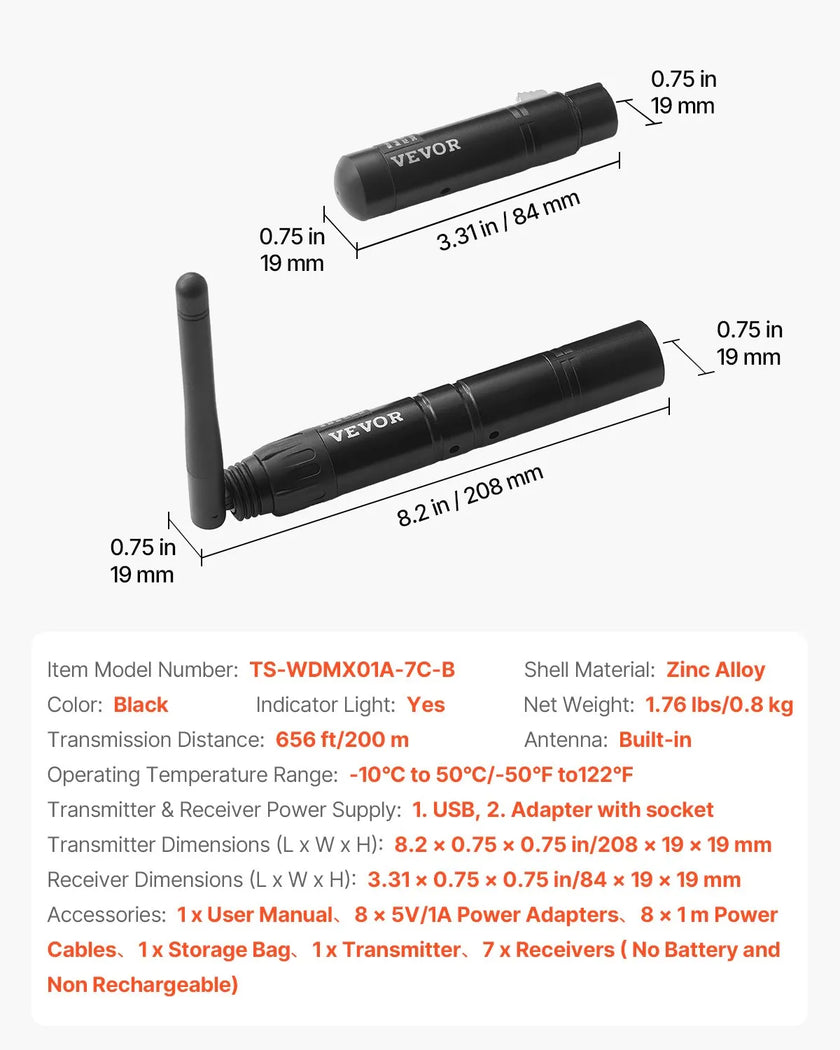 VEVOR DMX Wireless Receiver Transmitter Controller for Stage Light 8 PCs Black