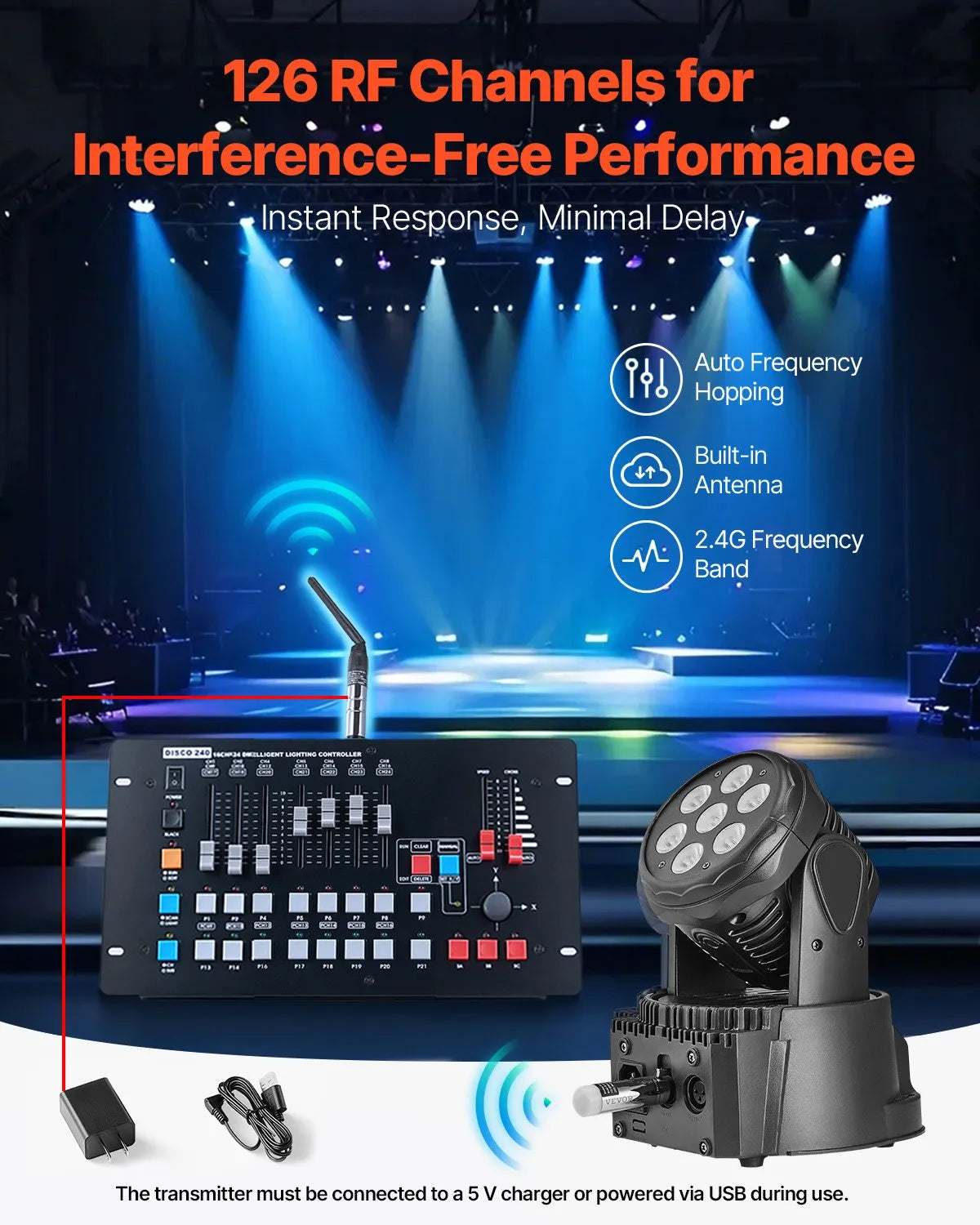 VEVOR DMX Wireless Receiver Transmitter Controller for Stage Light 4 PCs Silver