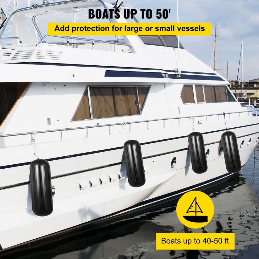 VEVOR Boat Fender, 10 x 28 Inch Inflatable Vinyl Boat Fenders, 4 pcs Ribbed Boat Bumpers, with Center Hole, for Bumpers Protection, Black