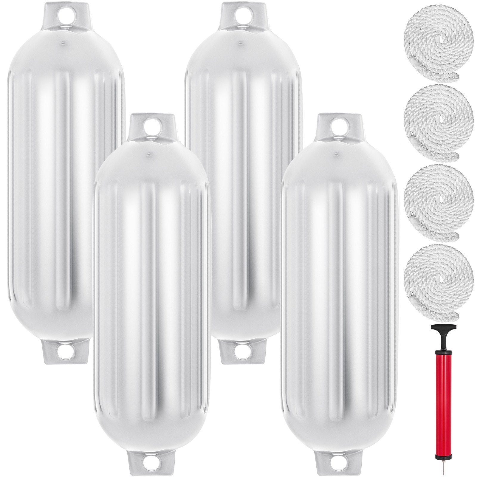 VEVOR Boat Fender 8.5 x 27 inches White Boat Protection Pack of 4 Ribbed Twin Eyes Boat Fender Bumper and Pump to Inflate
