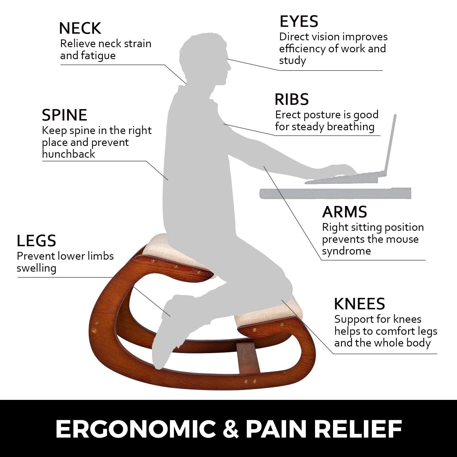 VEVOR Kneeling Chair Rocking Wooden Heavy Duty Better Posture Kneeling Stool 330lbs Load Posture Correct Office Stool Pecan