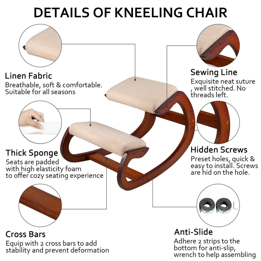 VEVOR Kneeling Chair Rocking Wooden Heavy Duty Better Posture Kneeling Stool 330lbs Load Posture Correct Office Stool Pecan