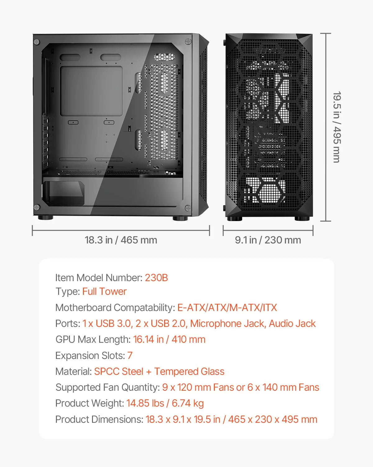 VEVOR PC Case Full-Tower Gaming Computer Case 3 PWM Fans for E-ATX Motherboard