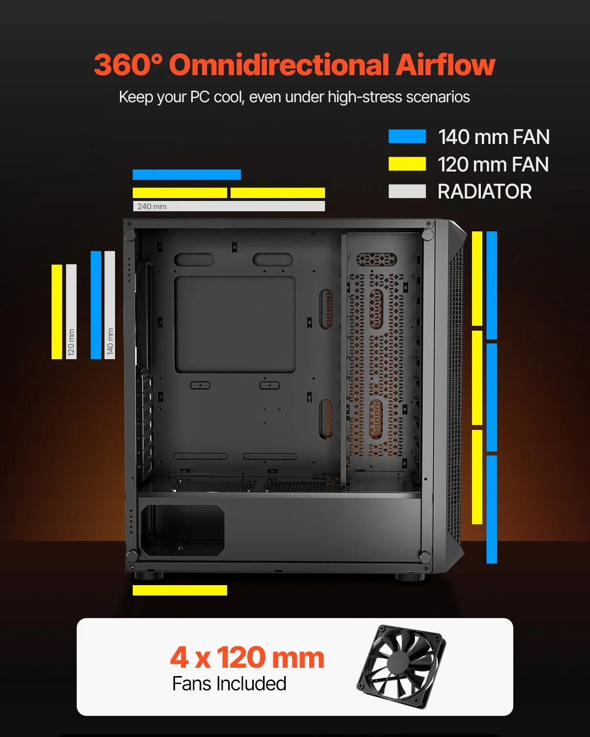 VEVOR PC Gaming Case Mid-Tower Computer Case 4 x 120 mm Fans for ATX/M-ATX/ITX