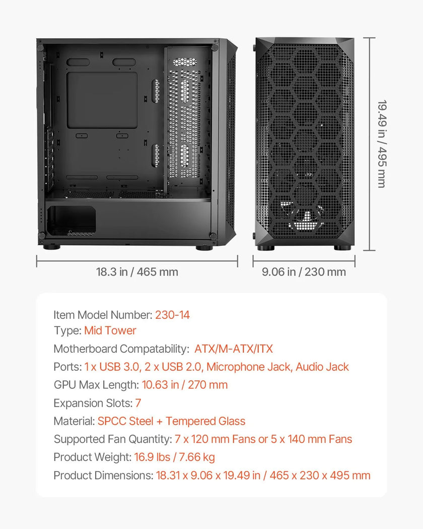 VEVOR PC Gaming Case Mid-Tower Computer Case 4 x 120 mm Fans for ATX/M-ATX/ITX