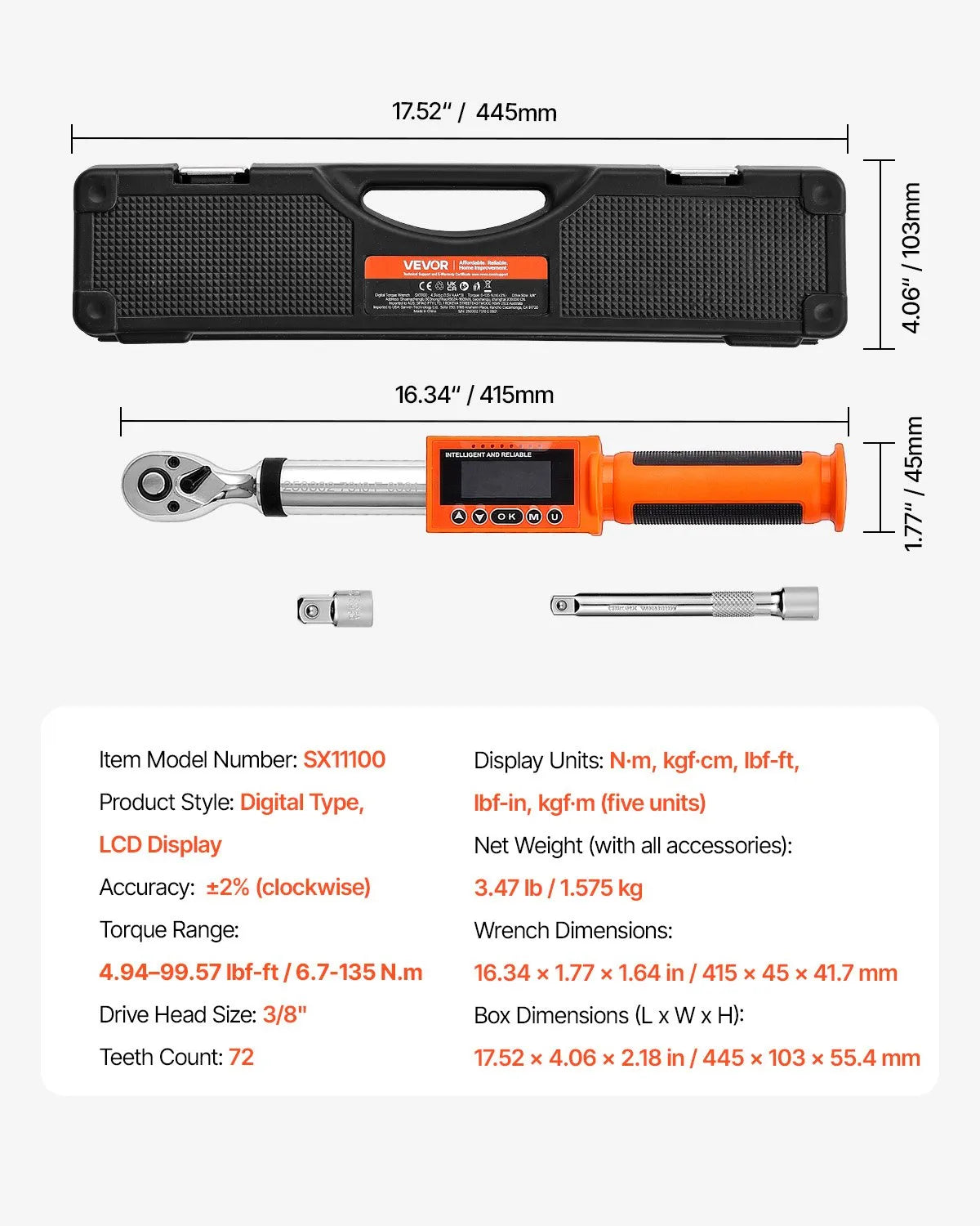 VEVOR Digital Torque Wrench 3/8 Inch Drive 0-99.57 lbf-ft / 0-135 N.m 72-Tooth