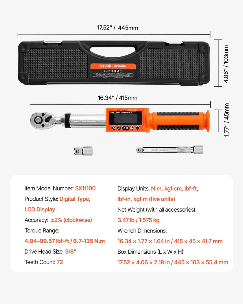 VEVOR Digital Torque Wrench 3/8 Inch Drive 0-99.57 lbf-ft / 0-135 N.m 72-Tooth