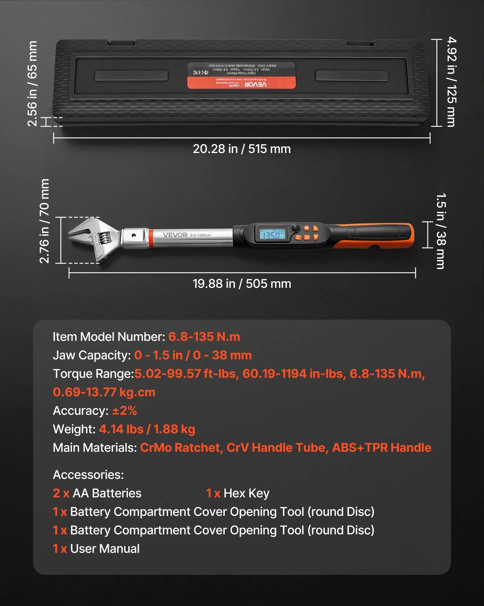 Digital Adjustable Torque Wrench with LCD Display, 0–1.5