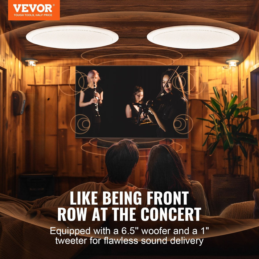 VEVOR 2 PCs 6.5'' Bluetooth in Ceiling Speakers, 150W, Flush Mount Ceiling & in-Wall Speaker System with 8?Impedance 89dB Sensitivity, for Home Kitchen Living Room Bedroom or Covered Outdoor Porches