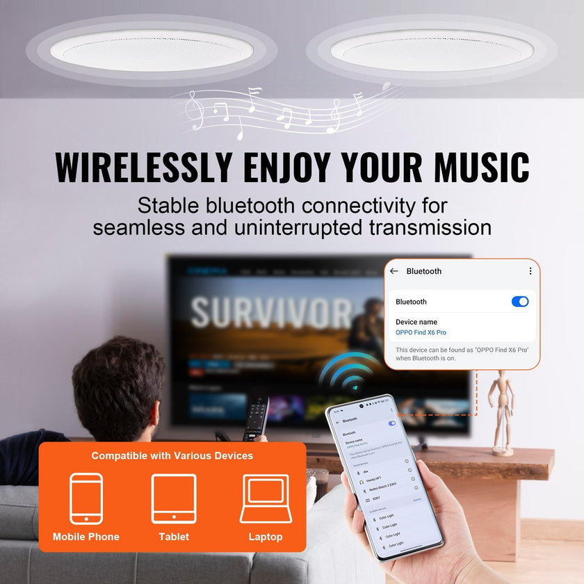 VEVOR 2 PCs 6.5'' Bluetooth in Ceiling Speakers, 150W, Flush Mount Ceiling & in-Wall Speaker System with 8?Impedance 89dB Sensitivity, for Home Kitchen Living Room Bedroom or Covered Outdoor Porches