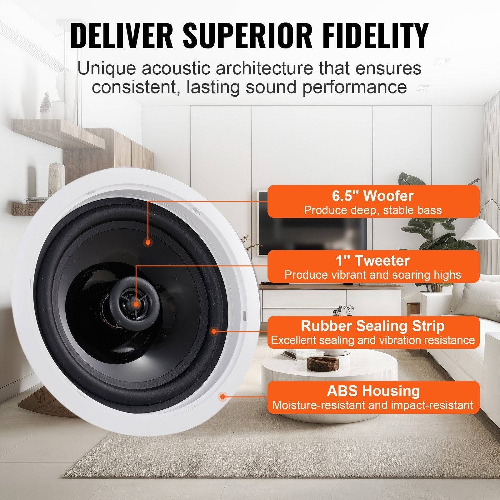 VEVOR 2 PCs 6.5'' Bluetooth in Ceiling Speakers, 150W, Flush Mount Ceiling & in-Wall Speaker System with 8?Impedance 89dB Sensitivity, for Home Kitchen Living Room Bedroom or Covered Outdoor Porches