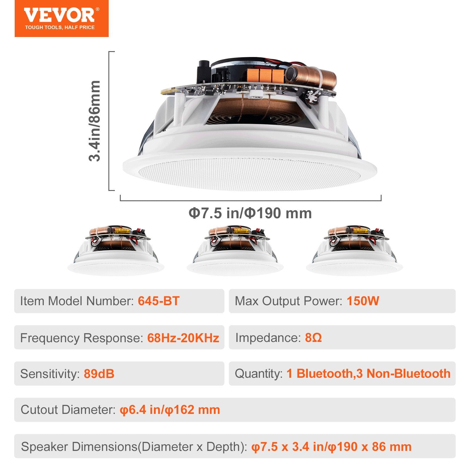 VEVOR 4 PCs 6.5'' Bluetooth in Ceiling Speakers, 150W, Flush Mount Ceiling & in-Wall Speaker System with 8?Impedance 89dB Sensitivity, for Home Kitchen Living Room Bedroom or Covered Outdoor Porches