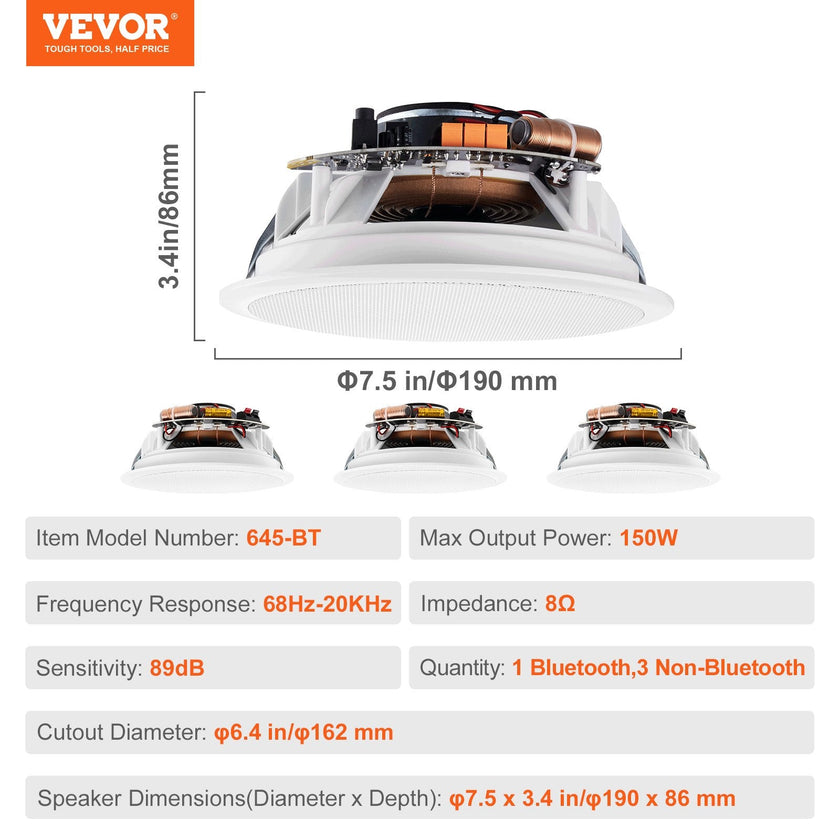 VEVOR 4 PCs 6.5'' Bluetooth in Ceiling Speakers, 150W, Flush Mount Ceiling & in-Wall Speaker System with 8?Impedance 89dB Sensitivity, for Home Kitchen Living Room Bedroom or Covered Outdoor Porches