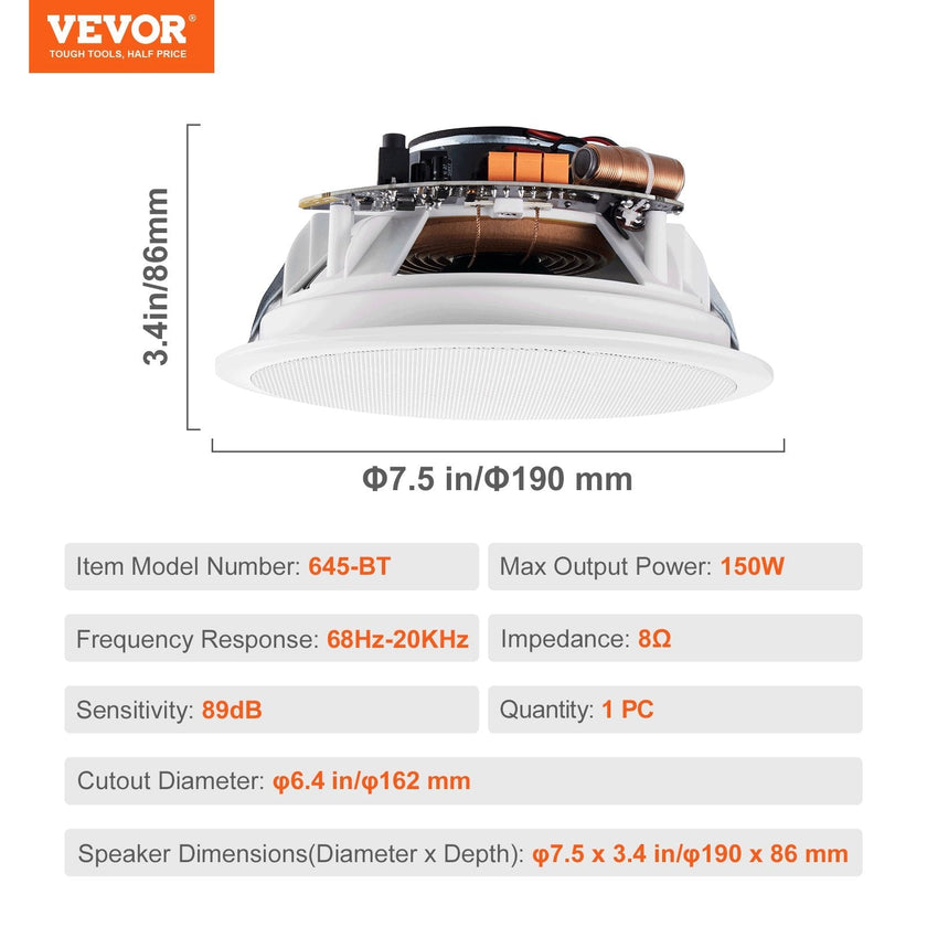 VEVOR 6.5'' Bluetooth in Ceiling Speakers, 150W, Flush Mount Ceiling & in-Wall Speaker System with 8?Impedance 89dB Sensitivity, for Home Kitchen Living Room Bedroom or Covered Outdoor Porches, Single