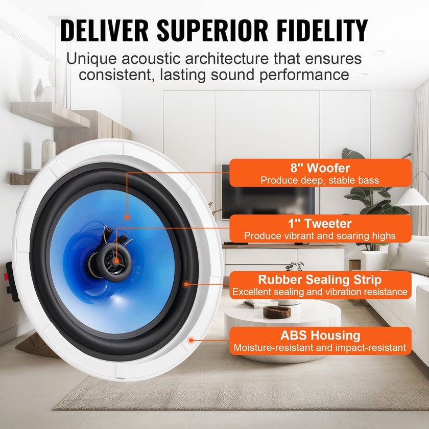 VEVOR 2 PCs 8 Inch in Ceiling Speakers, 50-Watts, Flush Mount Ceiling & in-Wall Speakers System with 8?Impedance 89dB Sensitivity, for Home Kitchen Living Room Bedroom or Covered Outdoor Porches