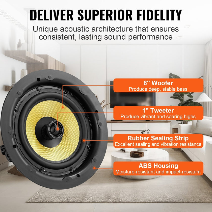 VEVOR 8 Inch in Ceiling Speakers, 200-Watts, Flush Mount Ceiling & in-Wall Speakers System with 8?Impedance 89dB Sensitivity, for Home Kitchen Living Room Bedroom or Covered Outdoor Porches, Single